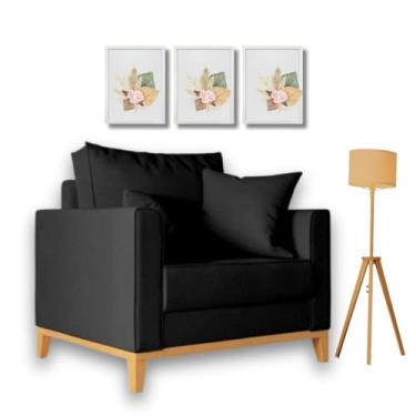 Imagem de Poltrona Beny Individual em Linho, Base em Madeira, Com 2 Almofadas (Preto)