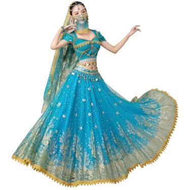 Imagem de TLMNU Aladdin Halloween costume Princess costume Belly Dance Jasmine costume Dress Set X1-Blue Medium