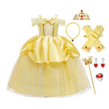 Imagem de FMYFWY Vestido chique de princesa Bela e Fera para meninas, Halloween, Natal, casamento, aniversário com acessórios, amarelo 005, 6-7T