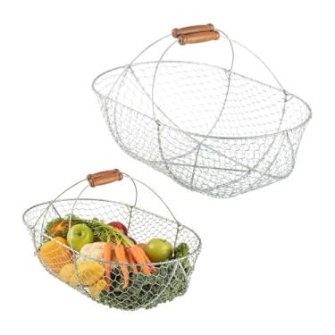 Imagem de Cesta de colheita de jardim, pacote com 2 – grande e pequena para decoração de vegetais, piquenique ou casa de fazenda – Cesta de ovos de galinha com cabo de madeira e malha resistente à ferrugem para