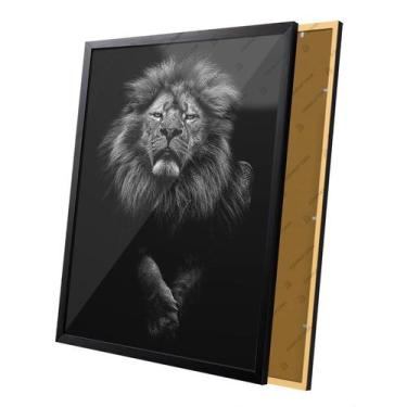 Imagem de Quadro Leão Preto e Branco Rei Majestoso Moldura e Vidro - Complet Cas