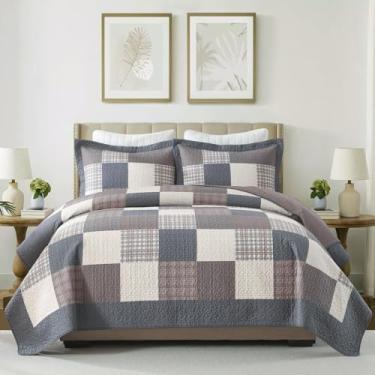 Imagem de KALOOLA Colchas Queen Size – Conjunto de cama acolchoado leve 100% algodão, 3 peças, colcha xadrez estampada chalé com 2 fronhas, cobertor de cama reversível para todas as estações, cinza/marrom/bege