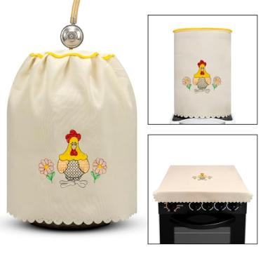 Imagem de Kit De Cozinha 3 Peças Estampado Várias Cores Casa Decoração Botijão Fogão (GALINHA - CREME/AMARELO)