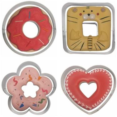 Imagem de Conjunto de 4 peças de cortadores de biscoito com design de rosquinha de tamanho grande, 4 formas de aço inoxidável, 4 formas com enchimento de creme, moldes de cortador de fondant para assar faça