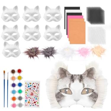 Imagem de Máscara de gato com malhas para olhos de pele, kit de máscara DIY, kit de máscara de gato pré-feltrada, meias máscaras brancas para festas e cosplay