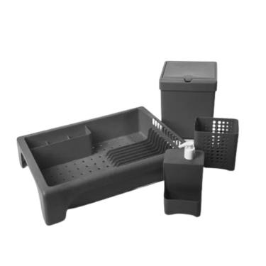 Imagem de Kit Cozinha Escorredor Porta Talher Porta Detergente Lixeira