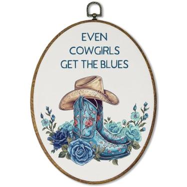 Imagem de AEHIE Arte de parede oval vintage vaqueira ocidental, azul floral sudoeste, botas de vaqueira, arte em tela emoldurada, imagem ocidental oval para decoração de quarto feminino, dormitório, 28 x 21 cm