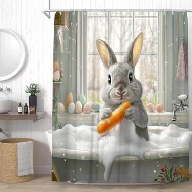Imagem de YSSFAV Lindo coelho na banheira cortina de chuveiro engraçada coelho Páscoa fazenda decoração banheiro conjunto de cortinas com ganchos, 177.8 cm L x 177.8 cm A