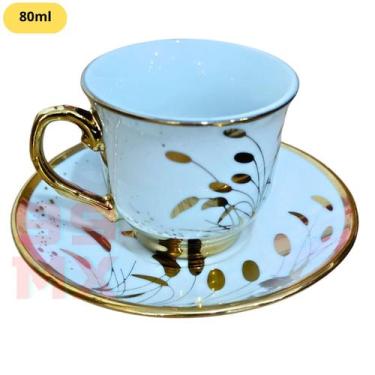 Imagem de Kit Café 80ml em Porcelana Branca com Estampa Floral e Dourado  Delica