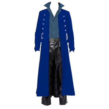 Imagem de BITSEACOCO Jaqueta retrô gótica medieval masculina steampunk de Halloween fantasia LARP cosplay fantasias trench coat, Azul, M
