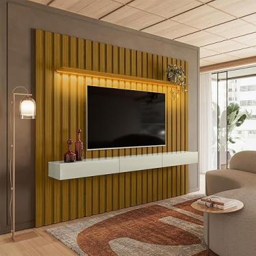 Imagem de Painel Ripado com Rack Suspenso até 70 Polegadas Tulum com LED 1 PT 2 GV Cedro e Off White Alt 218 Larg 222 cm