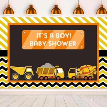Imagem de YongFoto 2,1 x 1,5 m pano de fundo para chá de bebê, meninos, caminhonete basculante, betoneira, carro, amarelo, preto, listras, fotografia, fundo para festa de aniversário, bolo, sobremesa, decoração