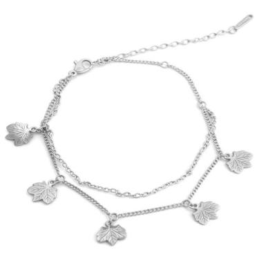 Imagem de Tornozeleira Dupla Feminina Folha Maple Em Aço Inox Presente - Euro Im