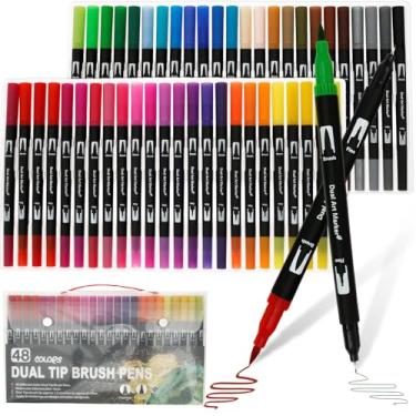 Imagem de 48 canetas marcadoras de pincel duplo, conjunto de marcadores artísticos de 48 cores com caixa portátil, conjunto de marcadores de canetas de ponta dupla fina e pincel, kit de materiais de arte para