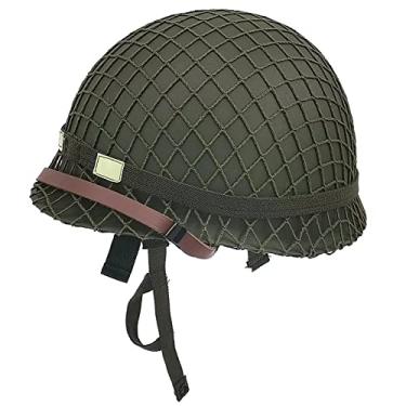 Imagem de Réplica de capacete militar de aço WW2 US Army M1, equipamento WW2, uniforme da Segunda Guerra Mundial, capacete da Guerra do Vietnã com capa de rede faixa de queixo olho de gato