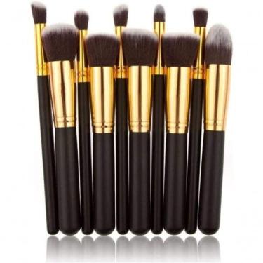 Imagem de Kit 10 Pinceis Para Maquiagem Kabuki Preto Com Dourado - MKL