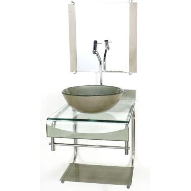 Imagem de Gabinete de vidro 40cm para banheiro curvado duplo inox cuba redonda c