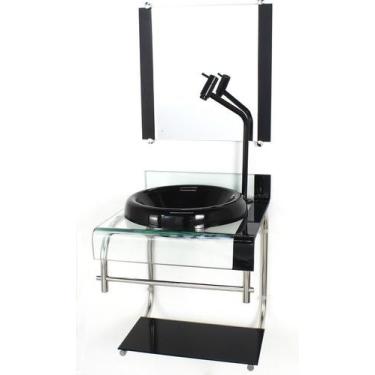 Imagem de Gabinete de vidro 40cm para banheiro curvado duplo inox cuba chapéu pr