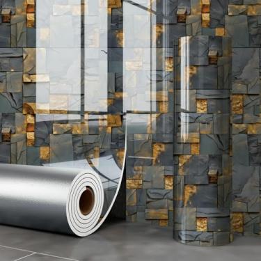 Imagem de ESSMOKO Papel de parede dourado imitação de azulejo de mármore efeito de mármore autoadesivo papel de parede impermeável para paredes de cozinha e banheiro Golden Rock 40 * 300 cm