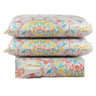 Imagem de Kit Cobre Leito Colcha Turin Casal Estampada C/ Babado 400 Fios 3 Peças Mandala Vermelha Bege