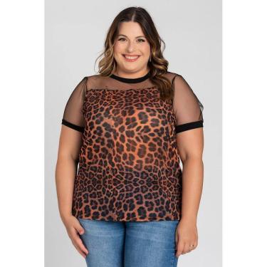 Imagem de Blusa Feminina Plus Size Detalhe Tule Sublimado Animal Print Visco Costas - Serena