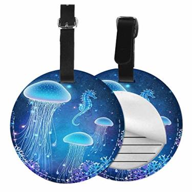 Imagem de TKS MITLAN 1 etiqueta de bagagem, água-viva e cavalo-marinho, capa de privacidade, cartão de endereço para bolsa de viagem, mala de viagem, fantasia, mundo submarino, animal, com luz azul, etiqueta de