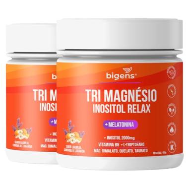 Imagem de Tri Magnésio (dimalato, quelato, taurato) Inositol Relax, Melatonina, Triptofano, B6, Sabor Laranja Camomila e Lavanda, Bigens,180g (Kit 2)