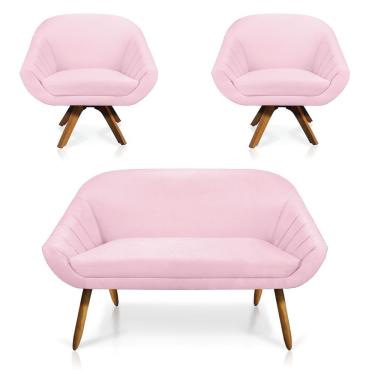 Imagem de Kit 01 Namoradeira 02 Lugares E 02 Poltronas Giratória Giovana Suede Base Madeira Mm30 - D'rossi Cor Rosa Bebê