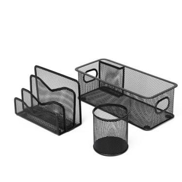 Imagem de Neomate Conjunto organizador de mesa de malha de metal de 3 peças | Inclui suporte para cartas/documentos, suporte para caneta e bandeja de armazenamento multiuso | Armazenamento de papelaria durável