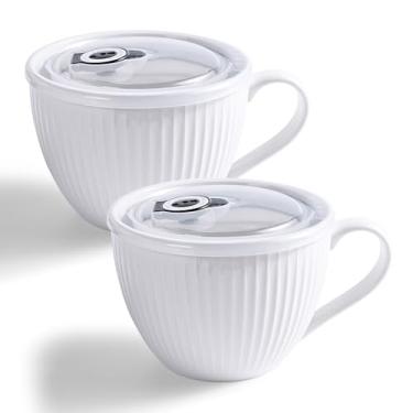 Imagem de Tigelas de sopa de cerâmica com alças, canecas de café grandes de 680 g, canecas de sopa jumbo com tampas para cereais matinais, aveia, café, chá, micro-ondas e lava-louças, presente de casamento de