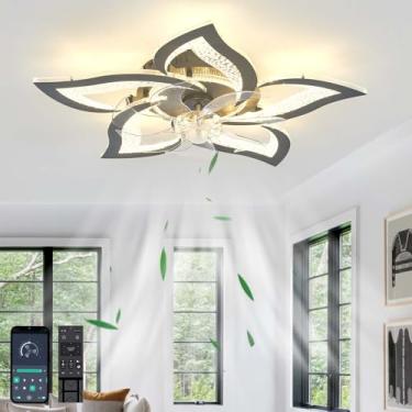 Imagem de Ventiladores de teto de design com luzes e controle remoto Ventiladores de teto reversíveis com luzes e controle remoto silencioso LED de 6 velocidades regulável ventilador de flores com luz