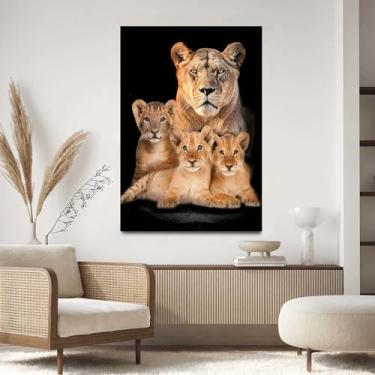 Imagem de Quadro Decorativo Para Sala Quarto Hall 130x90 Leoa com 3 Filhotes Fundo Preto