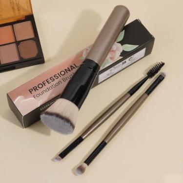 Imagem de Pincel de maquiagem com estojo 3 peças densa pincel de maquiagem sintético angular Kabuki, para líquido e pó de fixação (marrom)