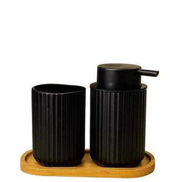 Imagem de Kit Banheiro de Cerâmica 2 Peças – Dispenser Porta Sabonete Líquido e Porta Escova de Dente | Ideal para Lavabo e Decoração Elegante(LUNOR PRETO)