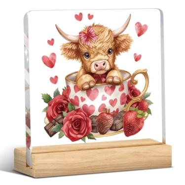 Imagem de Decorações de Dia dos Namorados, Presentes de Dia dos Namorados para ela, Presente para Namorado Namorada Marido Esposa, Placa de Acrílico Rosa de Vaca Highland com Suportes de Madeira, Escritório