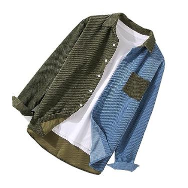 Imagem de Camisa masculina de manga comprida casual Color Block, camisa de praia de veludo cotelê, gola com lapela, bolso, Verde militar, G