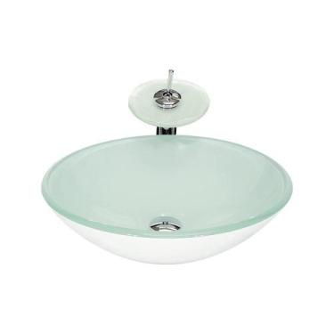 Imagem de Cuba Vidro Redonda 35Cm Branca + Válvula + Torneira Cascata - Cubas E 