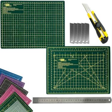 Imagem de Kit Base de Corte Dupla Face Multiuso Auto Regenerativa A4 30cm x 22cm Regua Metal 30cm Estilete Profissional Laminas Reservas (Verde)