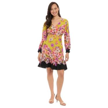 Imagem de London Times Vestido de festa feminino justo e flare manga bispo gola V babados bainha jardim, Citronela/Orquídea, 38