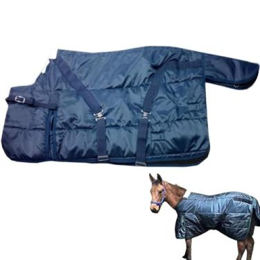 Imagem de La La Pet Cobertor impermeável quente para cavalos ajustável e respirável roupas para cavalo, mini pônei, Ripstop, peso médio, 220 g, enchimento de poliéster para inverno, azul-marinho, 101 cm