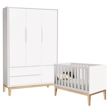 Imagem de Berço Americano e Guarda Roupa Classic 3 Portas Branco com Pés Madeira Natural – Reller