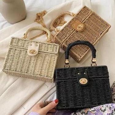 Imagem de Bolsa Feminina Quadrada Baú De Palha Com Alça Transversal De Ombro Para Praia Piscina Moda Verão Blogueira creme