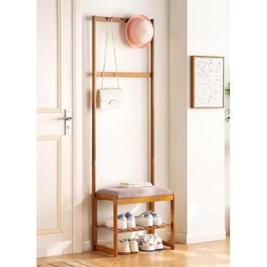 Imagem de Cabideiro Banco De Sapatos Cabide Hall Árvore Com Sapato Banco De Armazenamento 3 Em 1 Com Ganchos Banco De Entrada De Bambu Com Armazenamento Para Pendurar Jaqueta Fá, Brown, 69cm/27.2in long