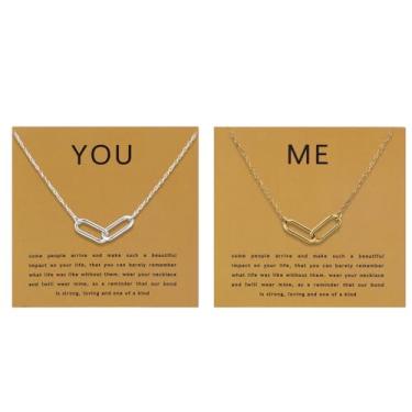 Imagem de 2un. Colares da Amizade, Pingente Geométrico de Clipe Entrelaçado com Cartão Presente Colar Elegante Combinando para Melhores Amigas Irmãs Casais (Prata & Ouro)