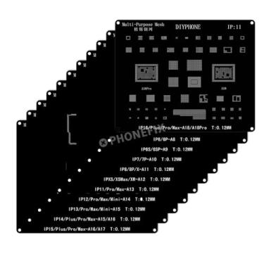 Imagem de DIYPHONE Kit de estênceis de rebolar BGA, 11 peças de malha de aço de estanho de plantio, modelo de plantio de estanho de estanho de solda, furo quadrado, aquecimento direto, rede de estanho para