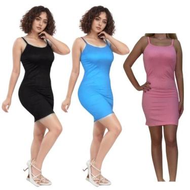 Imagem de KIT C/3 Vestidos Alcinha Canelado - Emporio J, Preto, Azul bb, Rosa bb