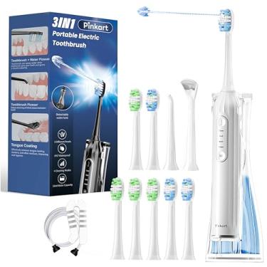 Imagem de Pinkart Escova de dentes elétrica 3 em 1 com combo de irrigador bucal para adultos, 8 cabeças de escova, 1 ponta de fio dental, 1 raspador de língua, 1 mangueira, 1 tanque de água – Ideal para viagens