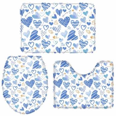 Imagem de Conjunto de tapetes e tapetes de banheiro para o dia dos namorados, conjunto de 3 peças, coração azul, conjunto de tapetes de banheiro antiderrapantes com formato de U, tapete de banheiro com contorno