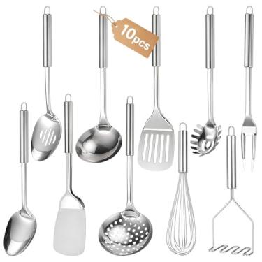 Imagem de Conjunto de utensílios de cozinha de aço inoxidável, conjunto de 10 utensílios de aço inoxidável para cozinhar, espátula resistente ao calor, conjunto de utensílios de cozinha com espátula, colher de