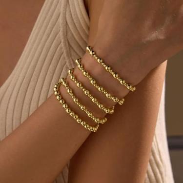 Imagem de Conjunto de pulseiras de contas douradas para mulheres, moderno, não mancha, grosso, elástico, clipe de papel, cruz, pérola, bracet, joias empilháveis, Medium, Latão, Sem Pedra Preciosa